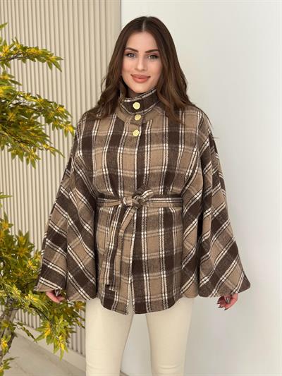 Ekose Yakası Düğmeli Panço Kahve Desenli