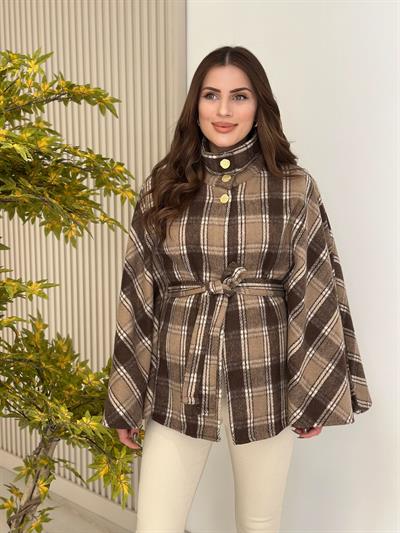 Ekose Yakası Düğmeli Panço Kahve Desenli