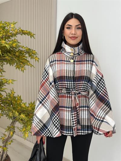 Ekose Yakası Düğmeli Panço Kırmızı Desenli