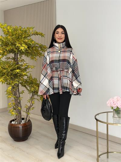 Ekose Yakası Düğmeli Panço Kırmızı Desenli