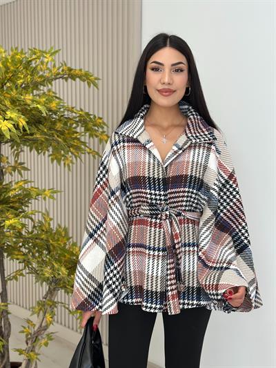 Ekose Yakası Düğmeli Panço Kırmızı Desenli