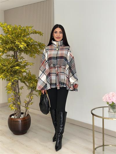 Ekose Yakası Düğmeli Panço Kırmızı Desenli