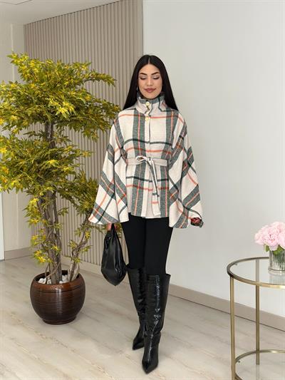 Ekose Yakası Düğmeli Panço Turuncu Desenli