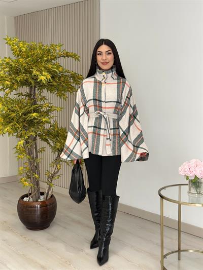 Ekose Yakası Düğmeli Panço Turuncu Desenli