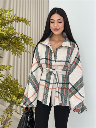 Ekose Yakası Düğmeli Panço Turuncu Desenli