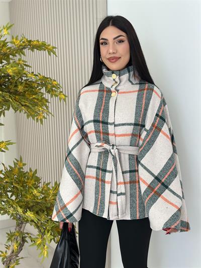 Ekose Yakası Düğmeli Panço Turuncu Desenli