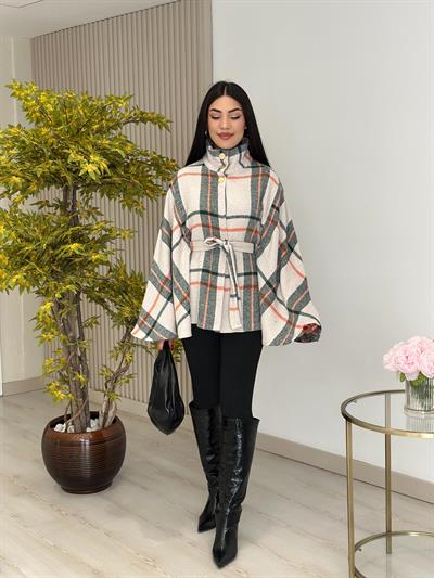 Ekose Yakası Düğmeli Panço Turuncu Desenli