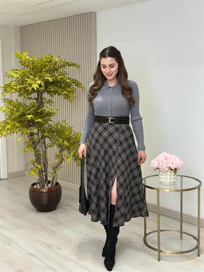 Ekose Yırtmaçlı Kemerli Etek Gri Desenli