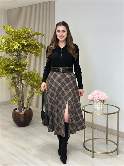 Ekose Yırtmaçlı Kemerli Etek Kahve Desenli