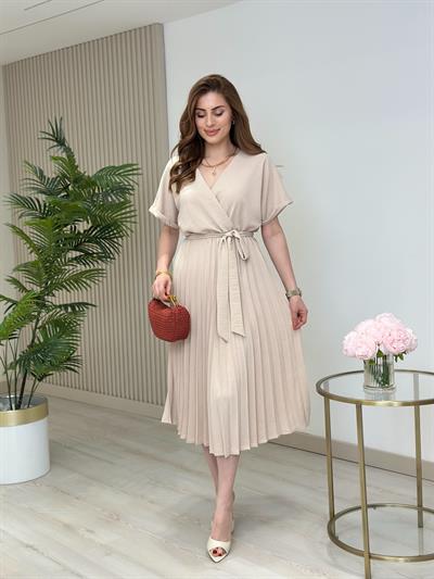 Eteği Pileli Kruvaze Elbise Bej