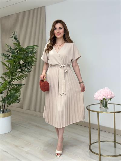 Eteği Pileli Kruvaze Elbise Bej