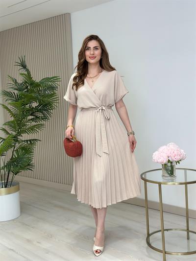 Eteği Pileli Kruvaze Elbise Bej
