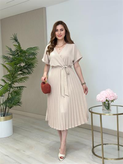 Eteği Pileli Kruvaze Elbise Bej