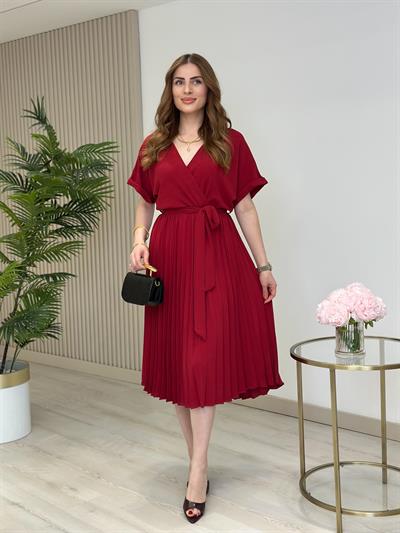 Eteği Pileli Kruvaze Elbise Bordo
