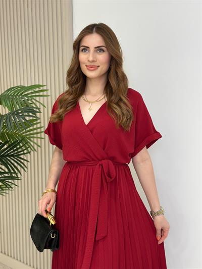 Eteği Pileli Kruvaze Elbise Bordo