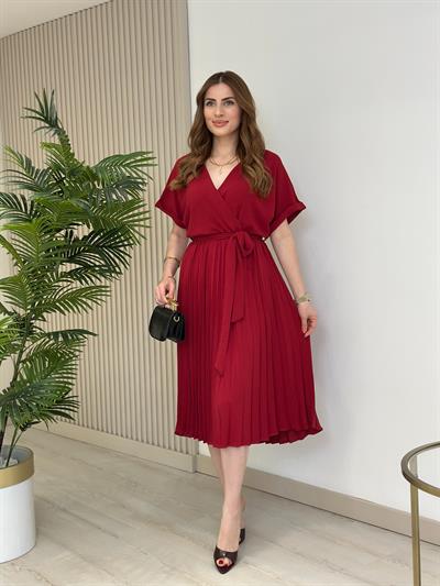 Eteği Pileli Kruvaze Elbise Bordo