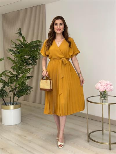 Eteği Pileli Kruvaze Elbise Hardal