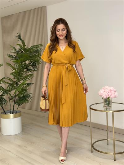 Eteği Pileli Kruvaze Elbise Hardal