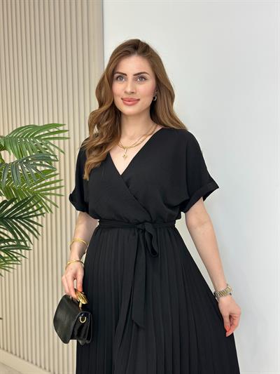 Eteği Pileli Kruvaze Elbise Siyah