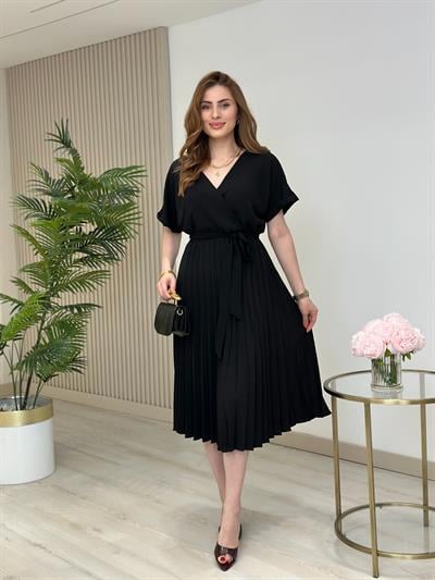 Eteği Pileli Kruvaze Elbise Siyah