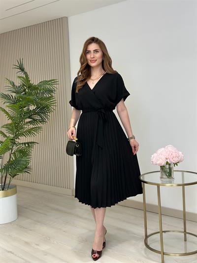 Eteği Pileli Kruvaze Elbise Siyah