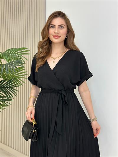 Eteği Pileli Kruvaze Elbise Siyah