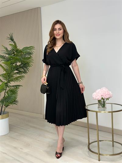 Eteği Pileli Kruvaze Elbise Siyah