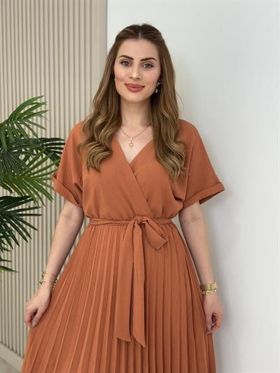 Eteği Pileli Kruvaze Elbise Tarçın