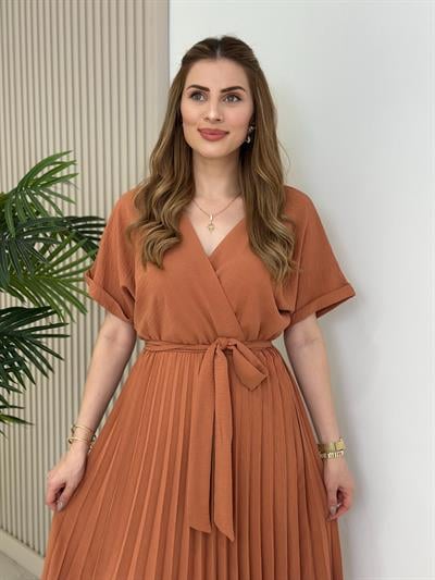 Eteği Pileli Kruvaze Elbise Tarçın