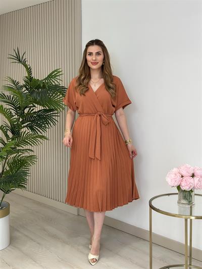 Eteği Pileli Kruvaze Elbise Tarçın