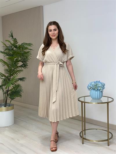 Eteği Pileli Kruvaze Keten Elbise Bej