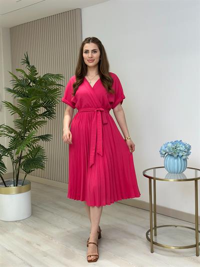 Eteği Pileli Kruvaze Keten Elbise Fuşya