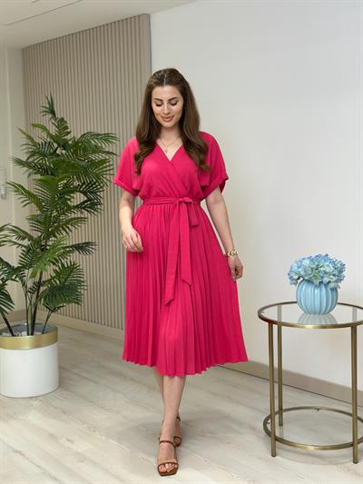 Eteği Pileli Kruvaze Keten Elbise Fuşya