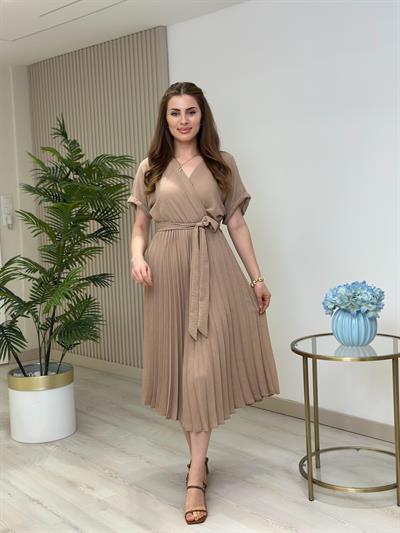 Eteği Pileli Kruvaze Keten Elbise Toprak