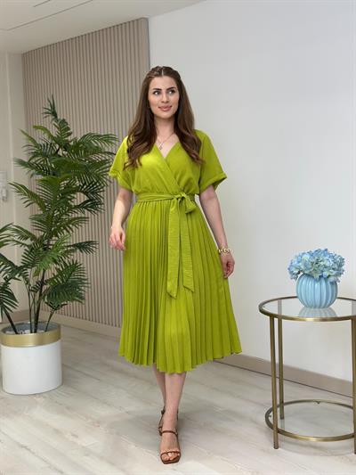 Eteği Pileli Kruvaze Keten Elbise Yağ Yeşil