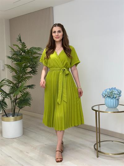 Eteği Pileli Kruvaze Keten Elbise Yağ Yeşil