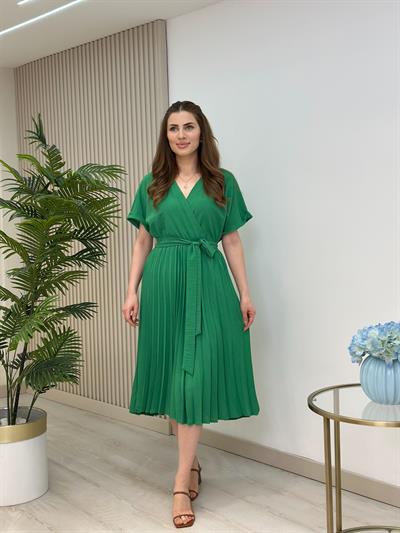 Eteği Pileli Kruvaze Keten Elbise Yeşil