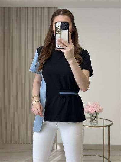 Fermuar Detaylı Beli Lastikli Tasarım Tshirt Siyah