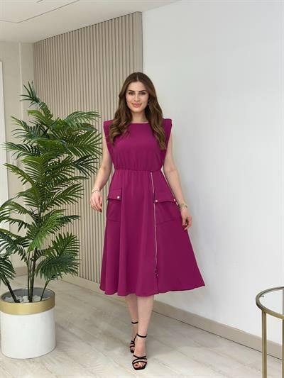 Fermuar Detaylı Vatkalı Krep Elbise Mor