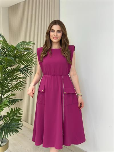 Fermuar Detaylı Vatkalı Krep Elbise Mor