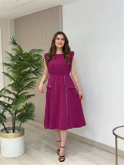 Fermuar Detaylı Vatkalı Krep Elbise Mor