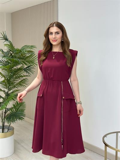 Fermuar Detaylı Vatkalı Krep Elbise Mürdüm