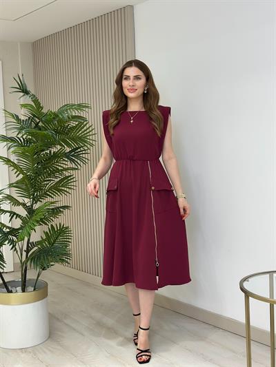 Fermuar Detaylı Vatkalı Krep Elbise Mürdüm