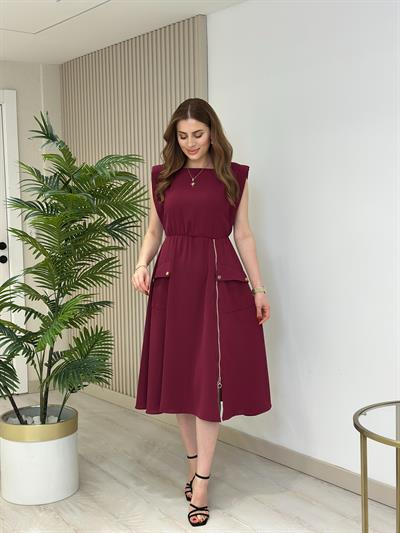 Fermuar Detaylı Vatkalı Krep Elbise Mürdüm