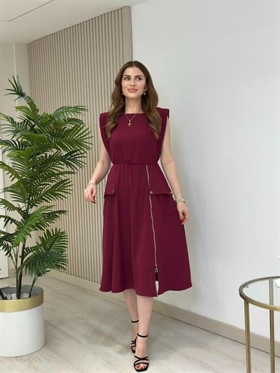 Fermuar Detaylı Vatkalı Krep Elbise Mürdüm