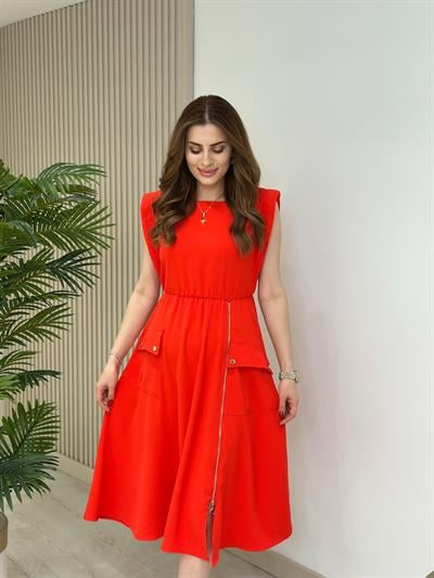 Fermuar Detaylı Vatkalı Krep Elbise Nar Çiçeği