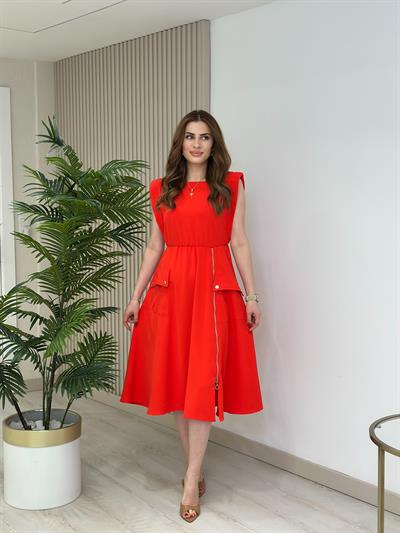 Fermuar Detaylı Vatkalı Krep Elbise Nar Çiçeği