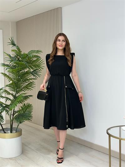 Fermuar Detaylı Vatkalı Krep Elbise Siyah