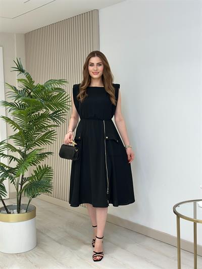 Fermuar Detaylı Vatkalı Krep Elbise Siyah