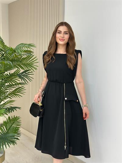 Fermuar Detaylı Vatkalı Krep Elbise Siyah